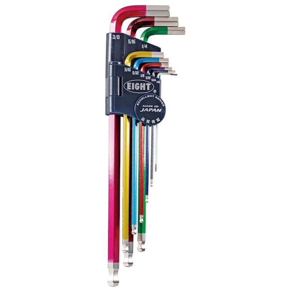 Eight Tool TAPER HEAD HEX KEY L-HANDLE EXTRA LONG SET, 9PC 1/16-3/8INCH MLTI-CLR - TELC-S9N