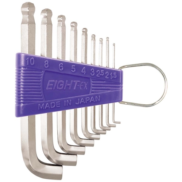 Eight Tool SHORT ARM TAPER HEAD HEX KEY L-HANDLE SHORT SET, 9PC 1.5-10MM SLVR - TTR-S9