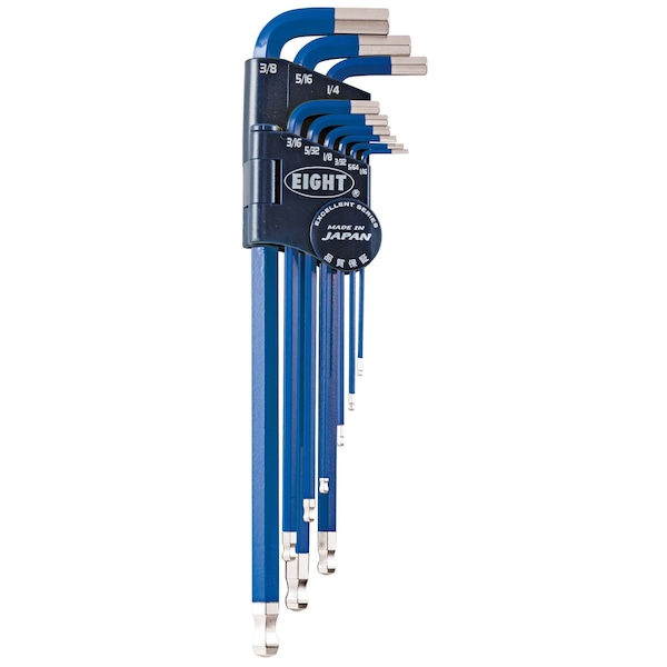 Eight Tool TAPER HEAD HEX KEY L-HANDLE EXTRA LONG SET, 9PC 1/16-3/8INCH BLUE - TEL-S9NBL