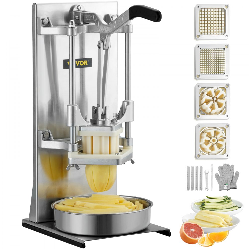 VEVOR Commercial French Fry Cutter with 4 Replacement Blades, 1/4″ and 3/8″ Blade Easy Dicer Chopper, 6-wedge Slicer and 6-wedge Apple Corer, Lemon Potato Cutter for French Fries with Extended Handle - GGSSDQTJJBBQXJAKLV0