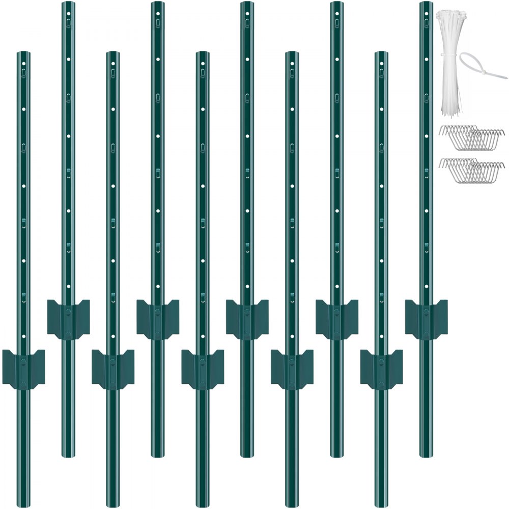 VEVOR 3 Feet Fence Post 10 Pack T-Post Heavy Duty Metal Fence Posts Green - WLLZJSK3YC10X2TT5V0