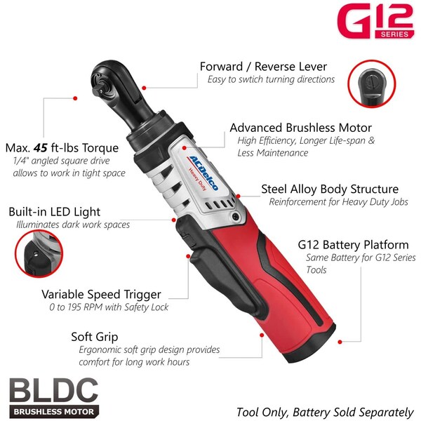 Acdelco G12 12V 1/4" BLDC Ratchet Wrench 45 Ft-lbs Max, Tool Only - ARW1210-2T
