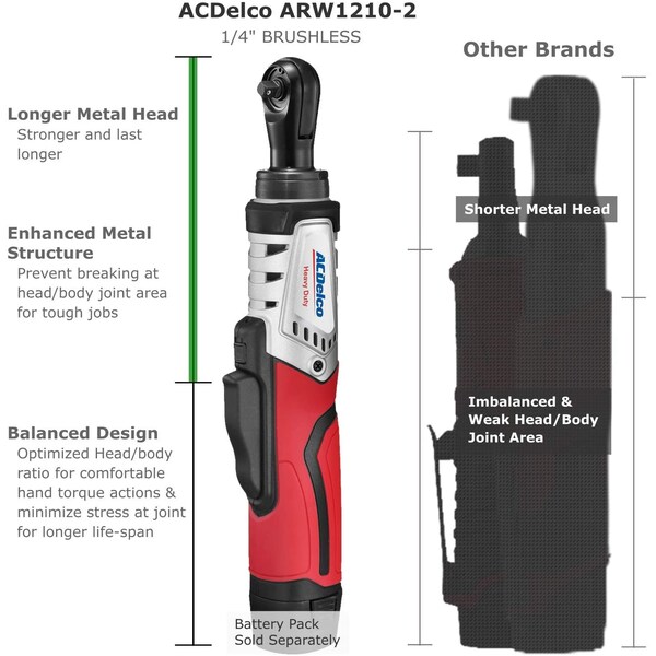 Acdelco G12 12V 1/4" BLDC Ratchet Wrench 45 Ft-lbs Max, Tool Only - ARW1210-2T