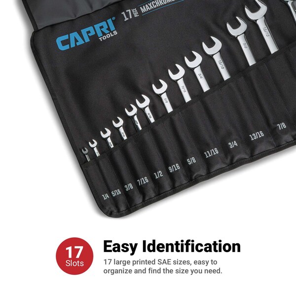 Capri Tools MaxChrome Combination Wrench Set, 14 to 114, SAE, 17Pcs W HeavyDuty Canvas Pouch - CP11495PK