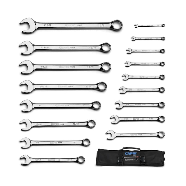 Capri Tools MaxChrome Combination Wrench Set, 14 to 114, SAE, 17Pcs W HeavyDuty Canvas Pouch - CP11495PK