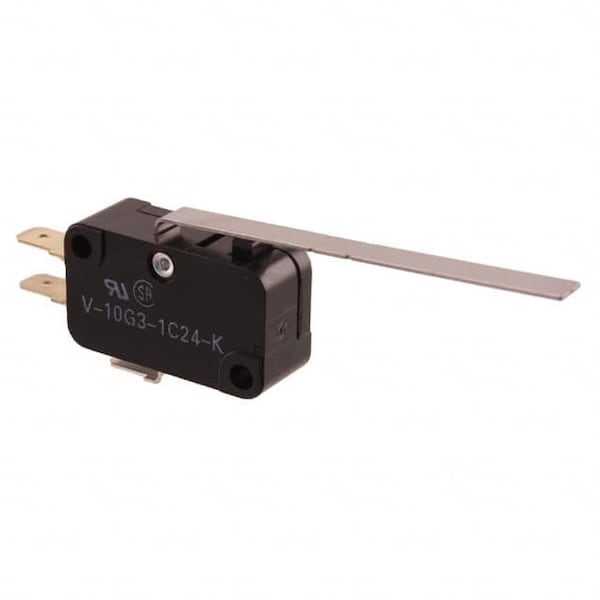 Interruptor Omron de acción rápida/limit switch, SPDT, momentáneo, 10A, 8Vdc, 10.8mm, terminal de conexión rápida, bisagra larga - V-10G3-1C24-K