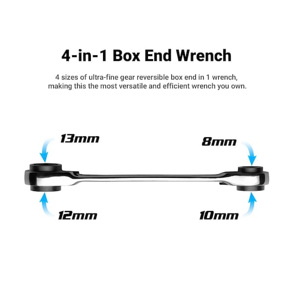 Capri Tools 4-in-1 120-Tooth Box End Reversible Ratcheting Wrench Set, Metric and SAE, 4-Piece with 16 Sizes - CP11884