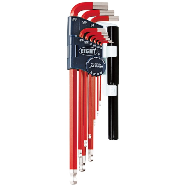 Eight Tool TAPER HEAD HEX KEY L-HANDLE EXTRA LONG SET, 9PC 1/16-3/8INCH RED W/EXTENSION PIPES - TEL-S9NPRE