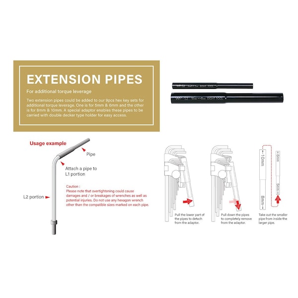 Eight Tool TAPER HEAD HEX KEY L-HANDLE EXTRA LONG SET, 9PC 1.5-10MM PRPL W/EXTENSION PIPES - TLC-S9NPPU