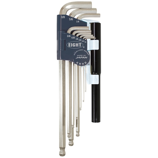 Eight Tool TAPER HEAD HEX KEY L-HANDLE EXTRA LONG SET, 9PC 1/16-3/8INCH SLVR W/EXTENSION PIPES - TEL-S9NP