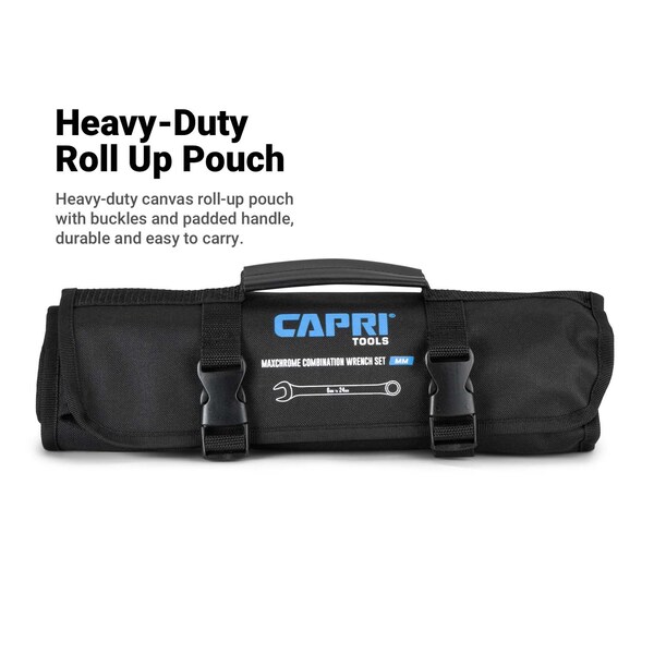 Capri Tools MaxChrome Combination Wrench Set, 6 to 24 mm, 19Pcs W HeavyDuty Canvas Pouch - CP11390PK