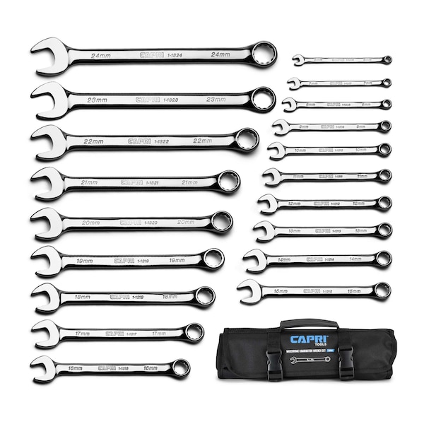 Capri Tools MaxChrome Combination Wrench Set, 6 to 24 mm, 19Pcs W HeavyDuty Canvas Pouch - CP11390PK