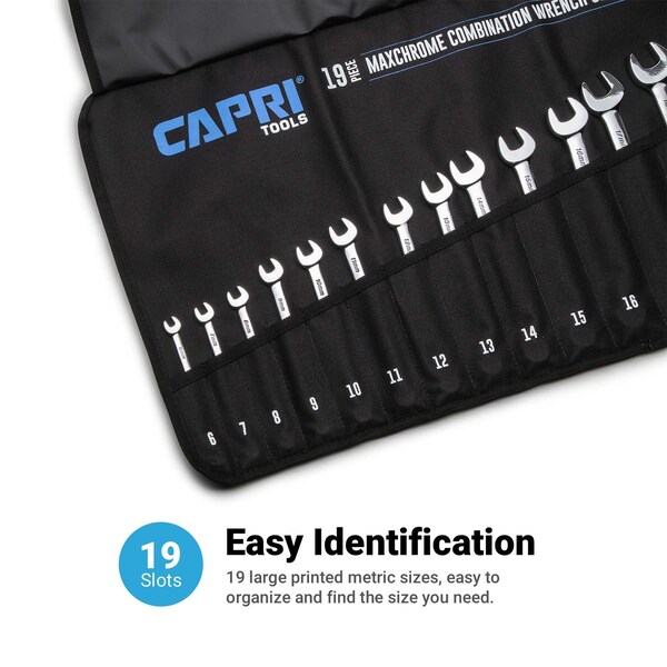 Capri Tools MaxChrome Combination Wrench Set, 6 to 24 mm, 19Pcs W HeavyDuty Canvas Pouch - CP11390PK