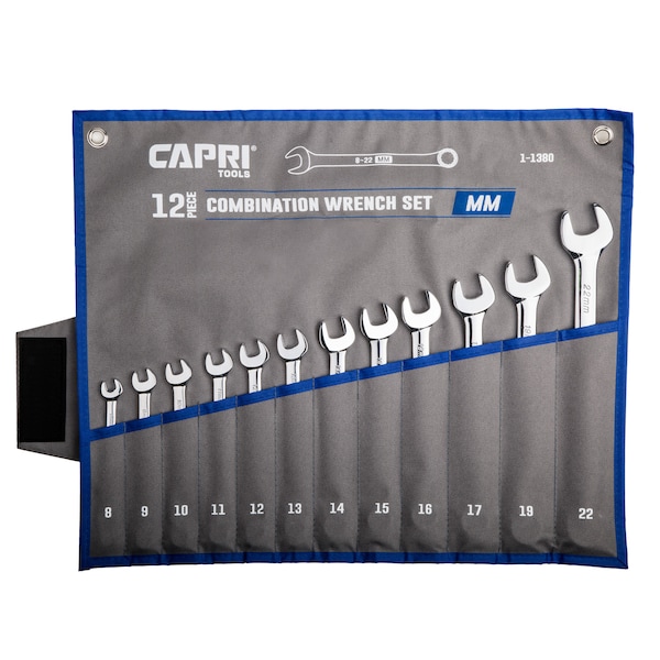 Capri Tools Combination Wrench Set, Metric, 12 pcs (8 to 22 mm), Canvas Pouch - 1-1380