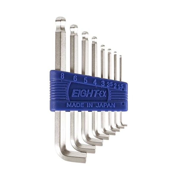 Eight Tool SHORT ARM TAPER HEAD HEX KEY L-HANDLE SHORT SET, 8PC 1.5-8MM SLVR - TTR-S8