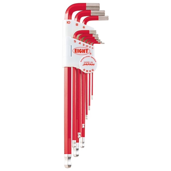 Eight Tool TAPER HEAD HEX KEY L-HANDLE EXTRA LONG SET, 9PC 1.5-10MM RED - TLC-S9NRE