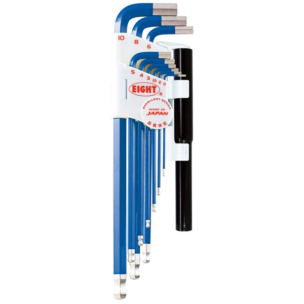 Eight Tool TAPER HEAD HEX KEY L-HANDLE EXTRA LONG SET, 9PC 1.5-10MM BLUE W/EXTENSION PIPES - TLC-S9NPBL