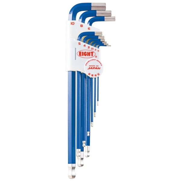 Eight Tool TAPER HEAD HEX KEY L-HANDLE EXTRA LONG SET, 9PC 1.5-10MM BLUE - TLC-S9NBL