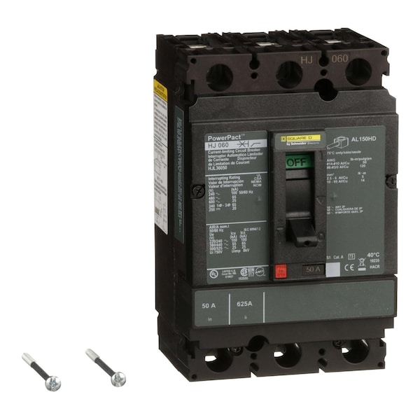 Square D Molded Case Circuit Breaker, HJL Series, 50A, 3 Pole, 600V AC, 100kA at 240V AC - HJL36050