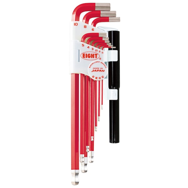 Eight Tool TAPER HEAD HEX KEY L-HANDLE EXTRA LONG SET, 9PC 1.5-10MM RED W/EXTENSION PIPES - TLC-S9NPRE