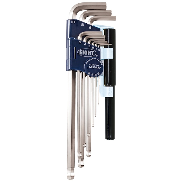 Eight Tool TAPER HEAD HEX KEY L-HANDLE EXTRA LONG SET, 9PC 1.5-10MM SLVR W/EXTENSION PIPES - TLS-9NP
