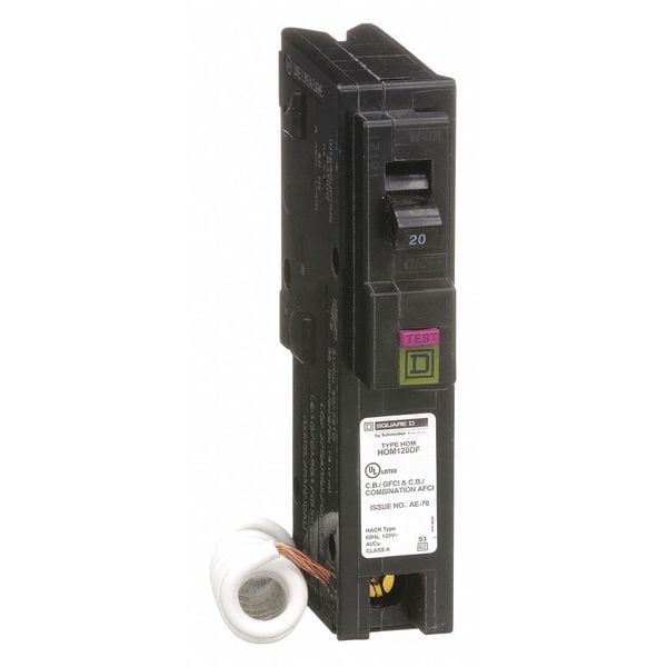 Square D Circuit Breaker, HOM Series, 20A, 1 Pole, 120V AC, 10kA - HOM120DF