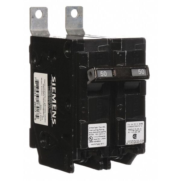 Siemens Miniature Circuit Breaker, BL Series, 50A, 2 Pole, 120/240V AC, 65kA at 120/240V AC - B250HH