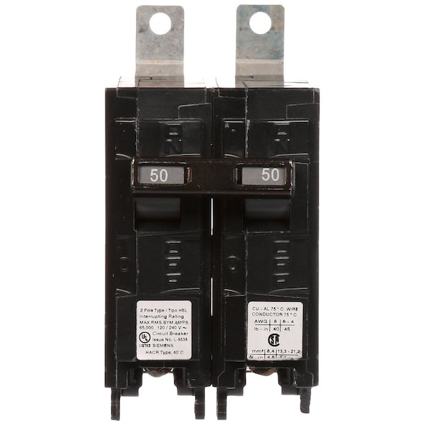 Siemens Miniature Circuit Breaker, BL Series, 50A, 2 Pole, 120/240V AC, 65kA at 120/240V AC - B250HH