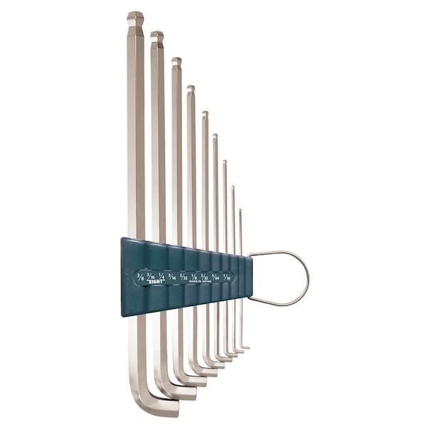 Eight Tool SHORT ARM TAPER HEAD HEX KEY L-HANDLE EXTRA LONG SET, 9PC 1/16-3/8INCH SLVR - TTS-9Z