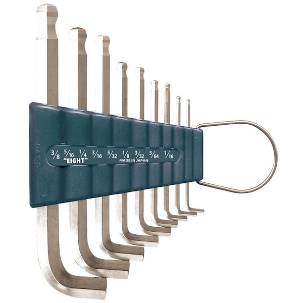 Eight Tool SHORT ARM TAPER HEAD HEX KEY L-HANDLE SHORT SET, 9PC 1/16-3/8INCH SLVR - TTR-S9Z