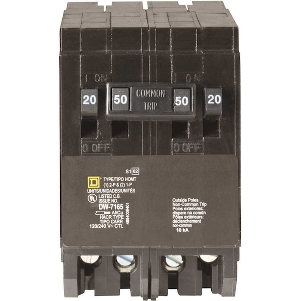 Square D Miniature Circuit Breaker, HOMT Series, 20/50A, 2x1, 1x2 Pole, 120/240V AC, 10kA - HOMT2020250CP