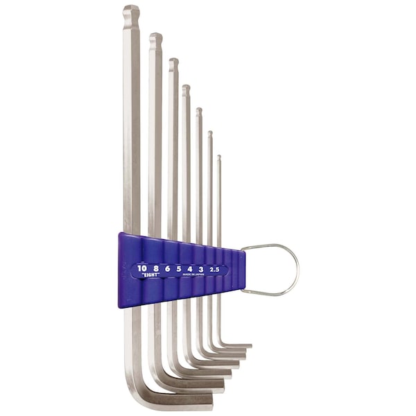 Eight Tool TAPER HEAD HEX KEY L-HANDLE EXTRA LONG SET, 7PC 2.5-10MM SLVR - TLS-7