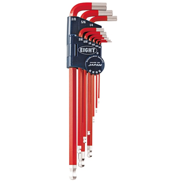 Eight Tool TAPER HEAD HEX KEY L-HANDLE EXTRA LONG SET, 9PC 1/16-3/8INCH RED - TEL-S9NRE