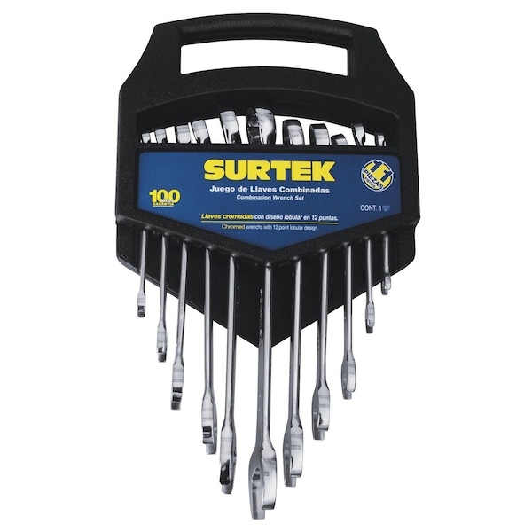 Surtek Polished combination wrench set, 11 pieces, 12 metric bits on rack - 100557