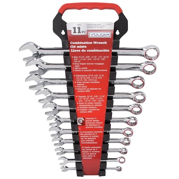Vulcan Combination Wrench Set, 11-Piece, Chrome Vanadium Steel, Mirror Polish, Silver - TR-H11