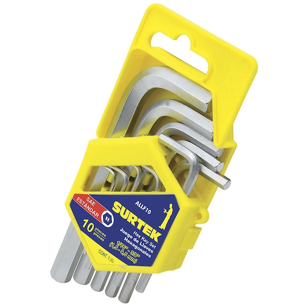 Surtek Hex Key Allen Wrench Set, 10 LShaped Imperial Pieces On Rack - ALLF10