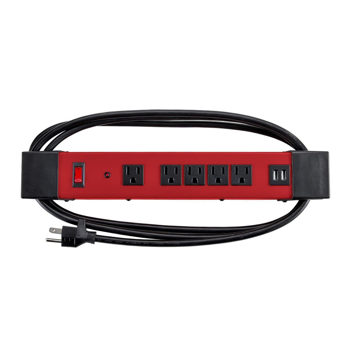 Tira de energía magnética de 5 salidas con carcasa de metal y 2 puertos USB, color rojo - 63737