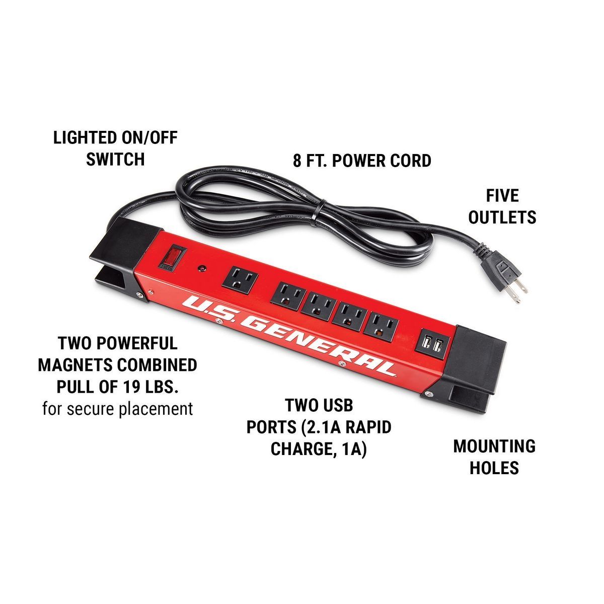 Tira de energía magnética de 5 salidas con carcasa de metal y 2 puertos USB, color rojo - 63737