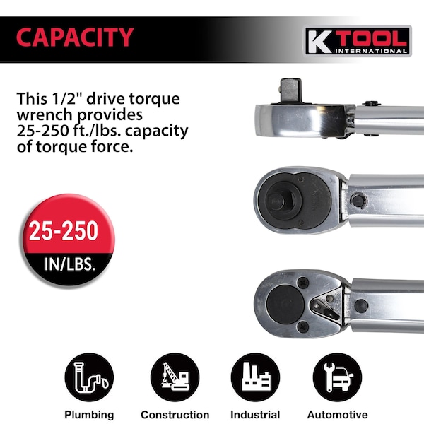 K-Tool International Ratcheting Torque Wrench, 1/2" Drive - KTI72102