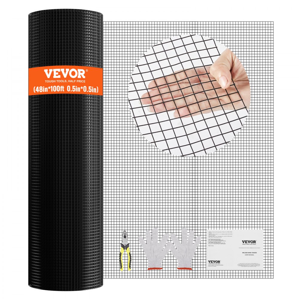 VEVOR Hardware Cloth, 48'' x 100' Galvanized Wire Mesh Roll, 19 Gauge Chicken Wire Fence Roll, Vinyl Coating Metal Wire Mesh for Chicken Coop Barrier, Rabbit Snake Fences, Poultry Enclosures - JSGSWL48IN10WPK5OV0