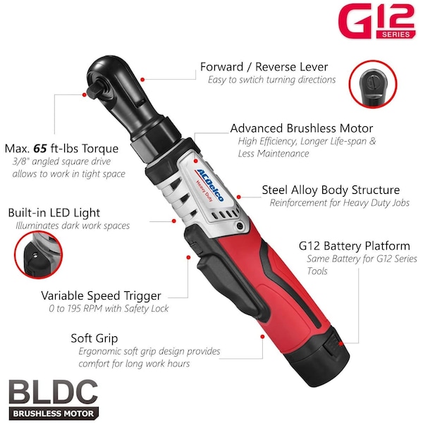 Acdelco G12 3/8" Brushless Ratchet Wrench 65 Ft-lbs, 1-Battery Kit - ARW1210-3P
