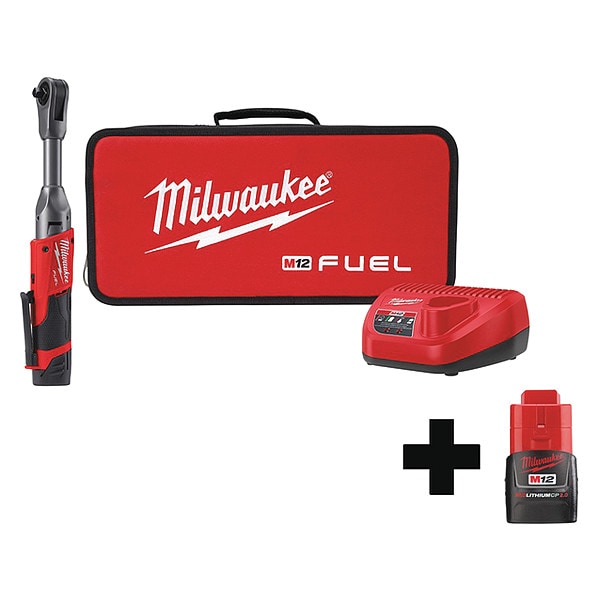 Milwaukee Tool Ratchet, Cordless, Straight, 3/8" Drive, Includes Battery - 2560-21, 48-11-2420