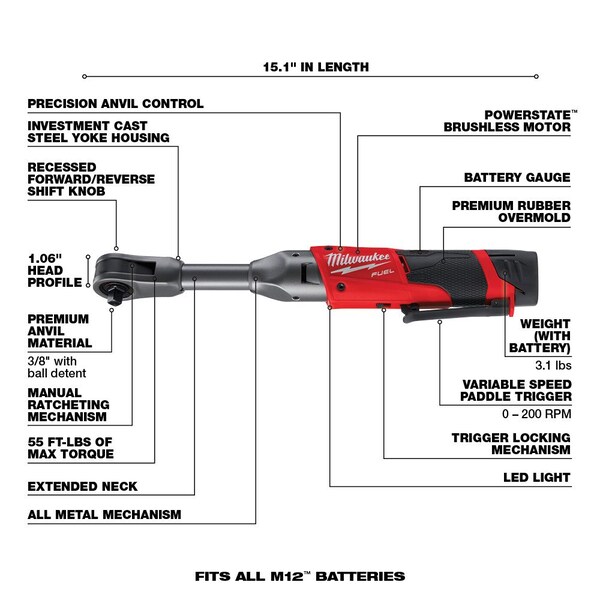 Milwaukee Tool Ratchet, Cordless, Straight, 3/8" Drive, Includes Battery - 2560-21, 48-11-2420