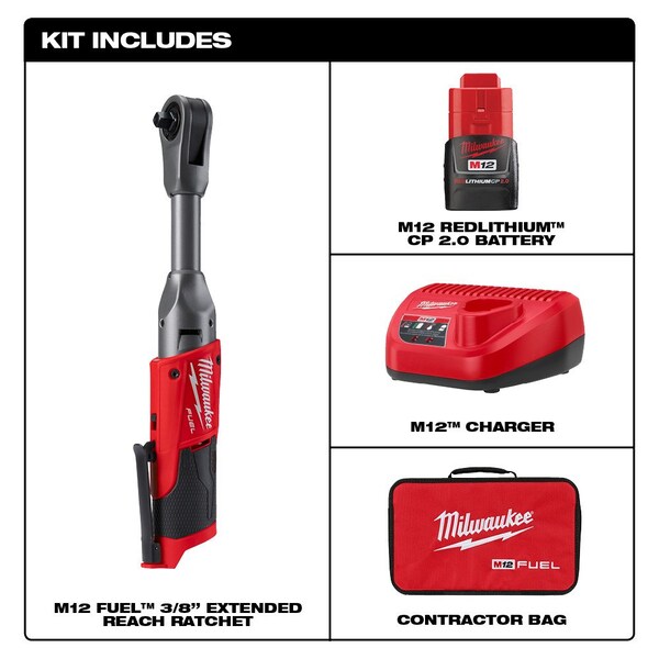 Milwaukee Tool Ratchet, Cordless, Straight, 3/8" Drive, Includes Battery - 2560-21, 48-11-2420