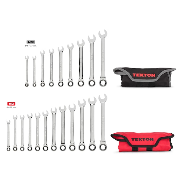 Tekton Ratcheting Combination Wrench Set, 21-Piece (1/4-3/4", 8-19mm) - Pouch - WRN53361