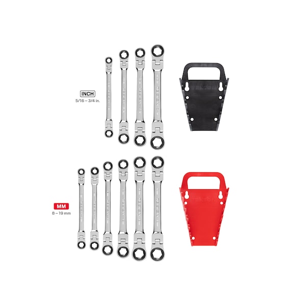 Tekton Flex Ratcheting Box End Wrench Set, 10-Piece (5/16-3/4", 8-19mm) - Holder - WRN76321