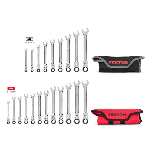 Tekton Flex Ratcheting Combination Wrench Set, 21-Piece (1/4-3/4", 8-19mm) - Pouch - WRN57361