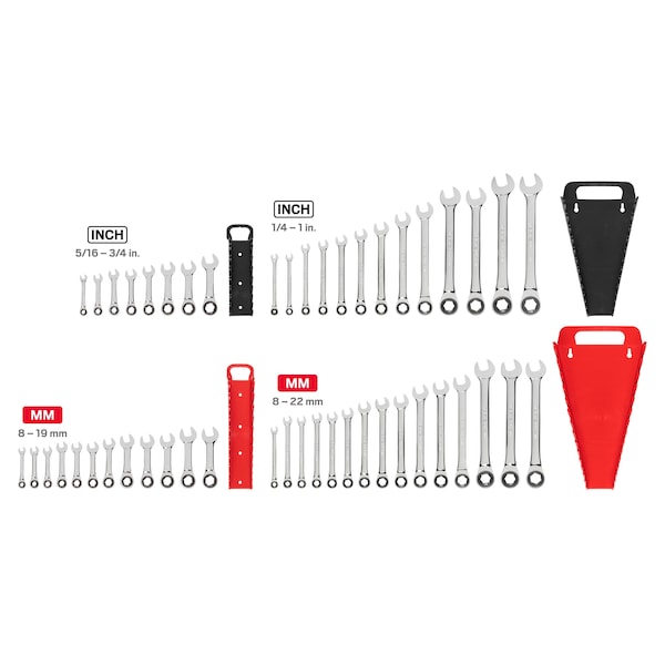 Tekton Stubby and Standard Length Ratcheting Wrench Set, 48-Piece (1/4-1", 8-22mm) - Holder - WRN53622