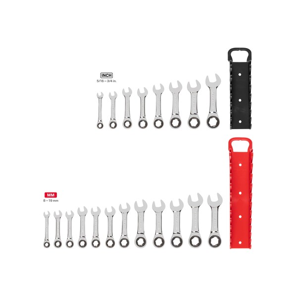 Tekton Stubby Ratcheting Combination Wrench Set, 20-Piece (5/16-3/4", 8-19mm) - Holder - WRN50321