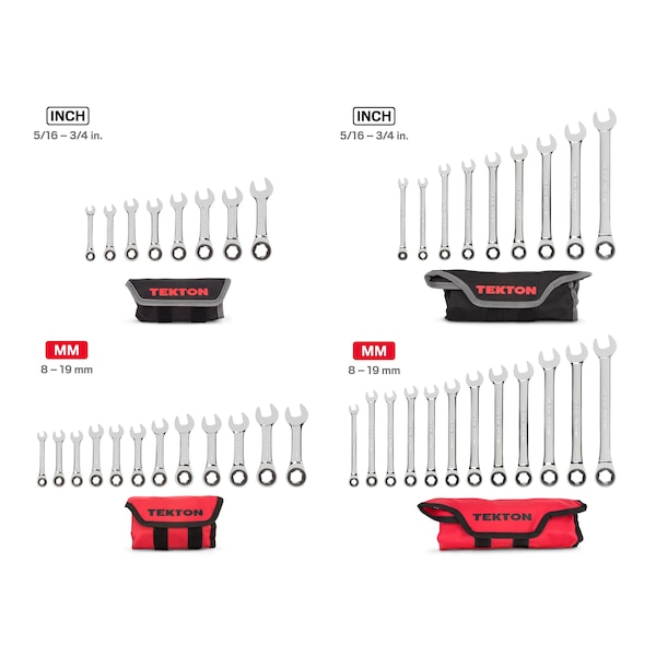 Tekton Stubby and Standard Length Ratcheting Wrench Set, 41-Piece (1/4-3/4", 8-19mm) - Pouch - WRN53661